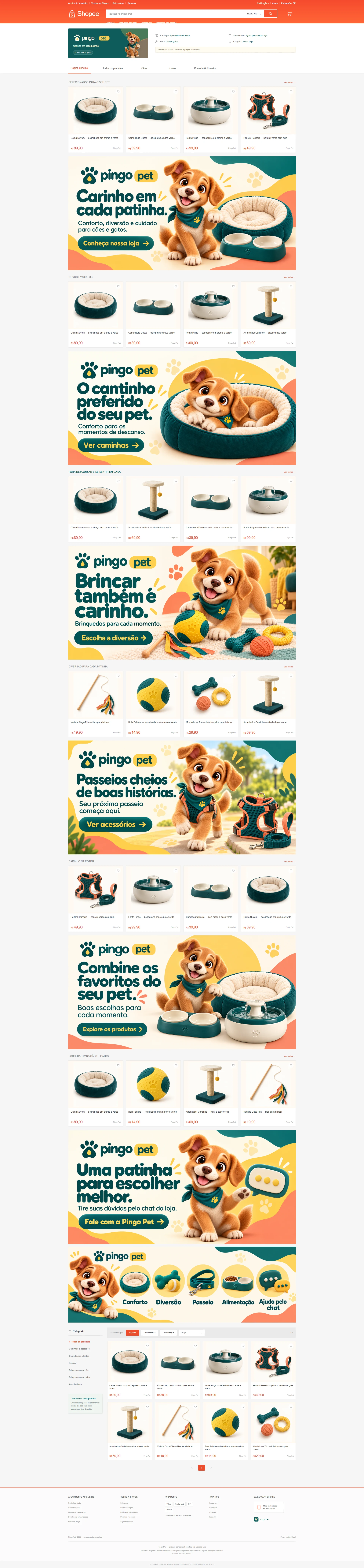 Projeto conceitual Pingo Pet: loja completa com mascote cão caramelo, identidade verde-petróleo e amarela, banners e produtos ilustrativos para cães e gatos.